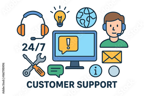 Customer support concept. Call center agent with headset for 24/7 global online help. Technical assistance, helpdesk service, and communication icons vector illustration set.