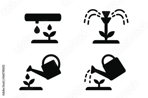 Sustainable irrigation icon set. Water saving concept for agriculture and gardening. Drip system, sprinkler, and watering can glyphs for farming. Plant growth and cultivation.