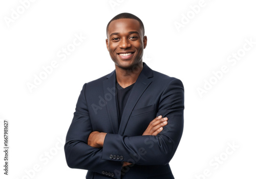 Photo of smiling african american businessman in suit with arms crossed isolated on transparent background