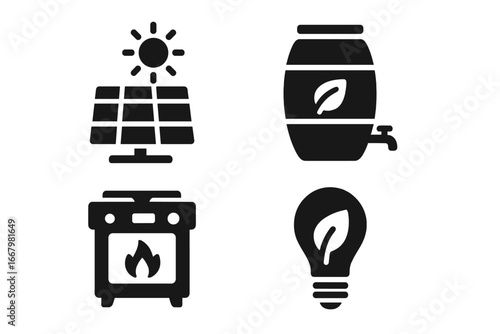 Sustainable living solid icon set. Eco friendly glyph collection with solar panel, water barrel, eco stove, green energy light bulb. Ecology and conservation vector symbols.