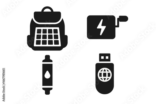 Sustainable technology glyph icon set. Eco-friendly gadgets for travel and survival. Solar panel bag, kinetic hand crank charger, water purifier straw, vector symbols.