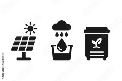 Sustainable icon set. Solid glyph icons for ecology and environment. Solar panel for green energy, rainwater harvesting for water conservation, and compost bin for recycling.