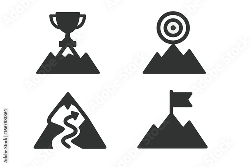 Mountain peak icon set for business success. Goal achievement, mission target, career path journey and victory trophy. Metaphor for reaching the top and leadership challenge.