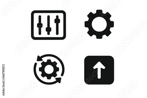 System control solid icon set. Vector glyphs for UI design. Control panel, settings gear, automation workflow, and upload button. Configuration and management symbols for web.