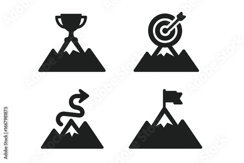 Mountain peak icon set for success and achievement. Vector symbols of reaching goals, victory trophy, mission target, journey path, and flag on top. Business metaphor.