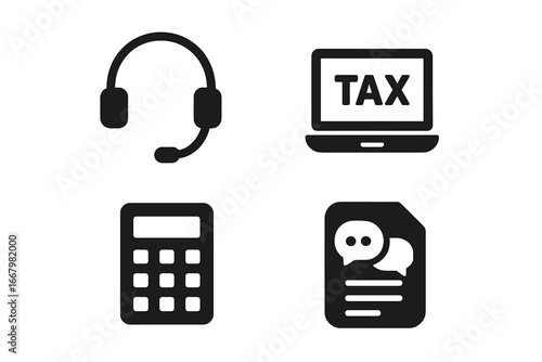 Tax advisor icon set. Financial consultant and accounting services symbols. Online tax help, support hotline, calculation and declaration. Solid glyph vector pictograms for web.