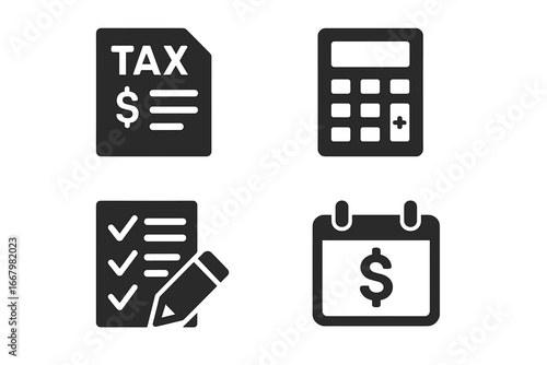 Tax preparation solid glyph icon set. Vector symbols of tax form, calculator, deduction checklist, and payment deadline calendar for finance and accounting concepts.