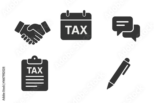 Tax consultation solid glyph icon set. Business and finance symbols for accounting services, financial advisor meeting, tax day deadline. Vector handshake, calendar, and document.