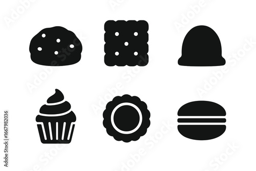 Tea dessert icons glyph set. Solid pastry and sweet food symbols for bakery and cafe. Vector collection of scone, biscuit, cupcake, macaron, and jam tart silhouettes.