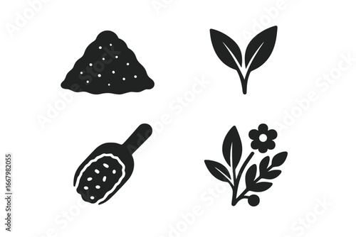 Tea flavor and ingredient icon set. Solid glyph vector illustrations of loose leaf tea pile, green tea leaves, black tea scoop, and herbal mix. Beverage and drink concepts.