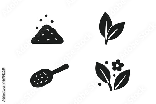 Tea flavor icons set. Solid filled glyph pictograms of loose tea pile, green tea leaf, black tea scoop, and herbal flower mix. Vector illustration ingredients for drinks.