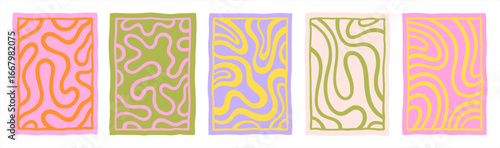 Hand drawn framed abstract rectangle backgrounds set. Twisted lines, fluid curved wiggling stripes. Liquid funky chaotic groovy hippie patterns collection. Doodle uneven wavy organic winding lines