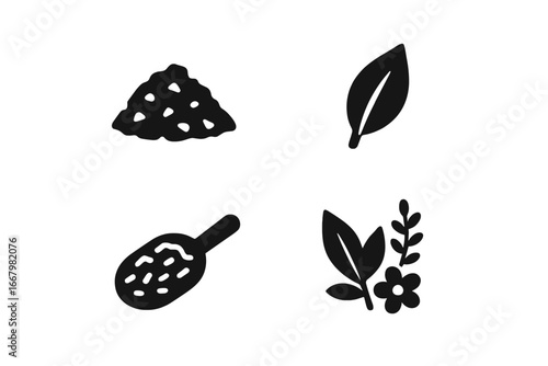 Tea flavor icons glyph set. Vector symbols of loose leaf, green and black tea pile, scoop. Herbal mix with flower illustration. Beverage, drink, infusion pictogram for menu.