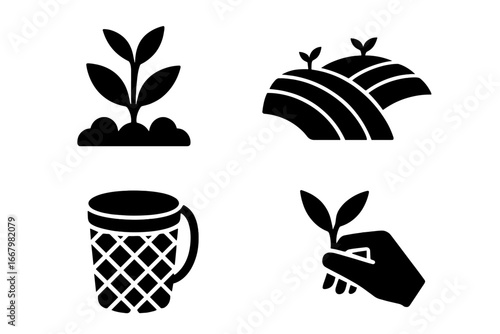 Tea harvest solid icons. Glyph icon set of tea growing and harvesting process. Includes tea bush plant, plantation hills, wicker basket, and hand picking leaves. Vector for agriculture.