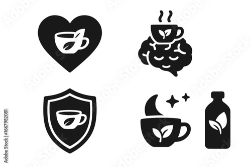 Tea health benefits solid icon set. Vector glyphs for wellness concepts like heart health, calm brain, immune support shield, sleep aid, and detox drink bottle illustration.