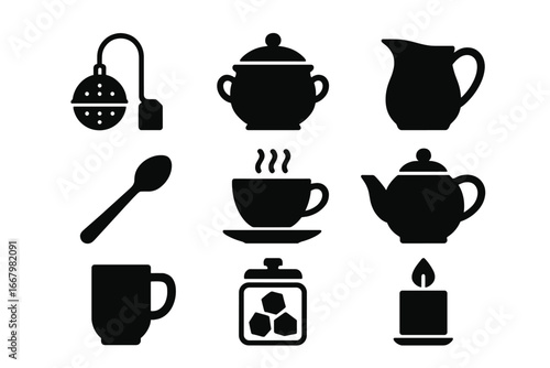 Tea icons set. Solid glyph collection of tea accessories like teapot, teacup, infuser, sugar bowl, milk jug, and spoon. Vector illustration for cafe, menu, and beverage concept.