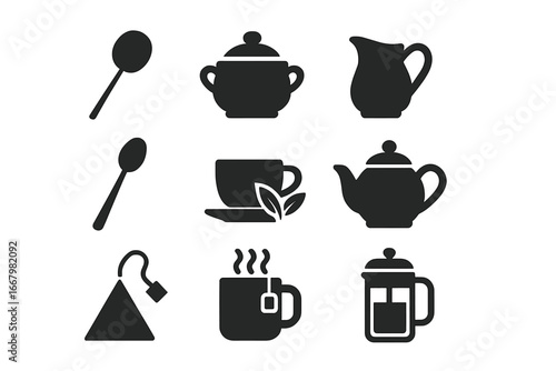 Tea and coffee icon set. Solid glyph vector collection of beverage accessories. Teapot, cup, mug, french press, sugar bowl, creamer, and tea bag icons for brewing concepts.