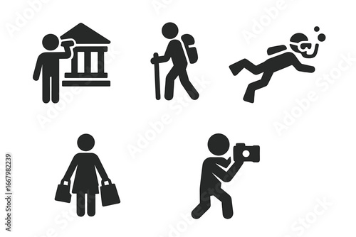 Tourist activity icon set with solid glyphs for travel and vacation. Vector pictograms of sightseeing, hiking, snorkeling, shopping, photography. Tourism and leisure concepts.