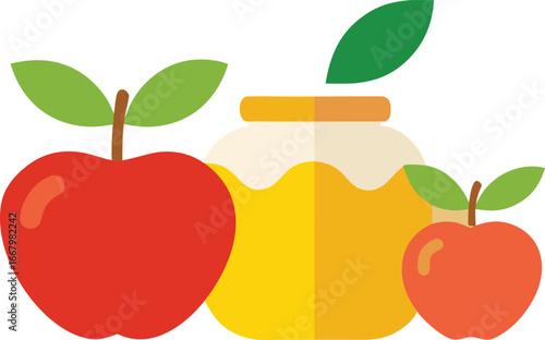 Fresh red apples and sweet honey jar vector illustration for healthy eating and rosh hashanah
