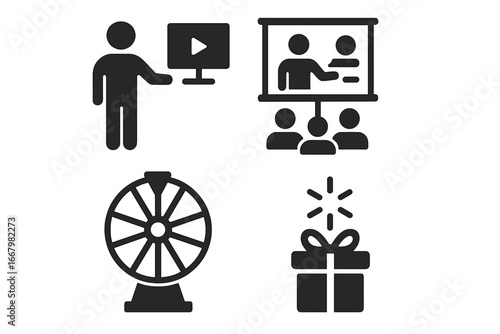 Trade show solid icon set. Vector glyph symbols for business marketing events, exhibitions, and conferences. Product demo, live presentation, spin wheel game, prize giveaway.