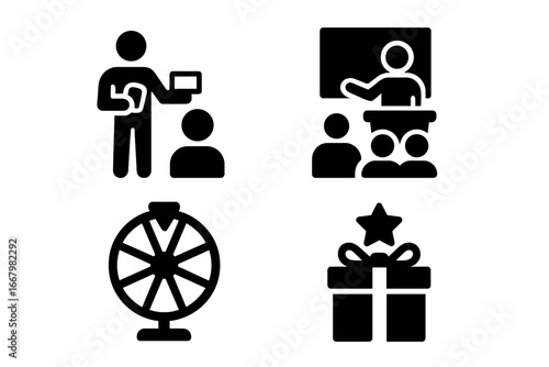 Trade show marketing icon set. Solid glyphs for exhibition & conference. Vector icons of product demo, live presentation, speaker, prize wheel game, and giveaway gift box.