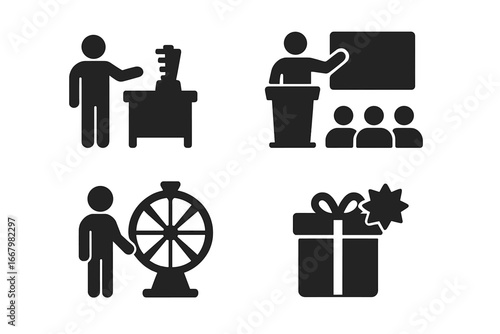 Trade show solid icons. Exhibition & conference vector glyph icon set. Visitor attractions like product demo, live presentation, seminar, spin the wheel game and prize box.