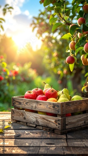 Wooden crate filled with apples and pears in an orchard at sunset