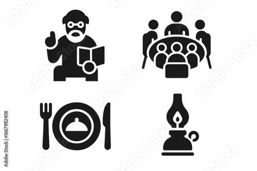 Family storytelling and traditional dinner vector icon set. Elder reading book, group meeting, antique meal, vintage oil lamp. Heritage, community, togetherness glyphs.