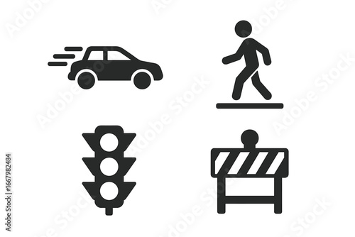 Traffic safety and danger solid glyph icon set. Vector illustration of speeding car, pedestrian crossing, traffic light signal, and road barrier for road safety concepts.