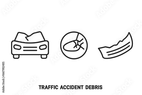 Traffic accident icons. Outline vector illustration of car crash damage and debris. Includes a crumpled hood, shattered headlight, and twisted bumper piece. For insurance concepts.