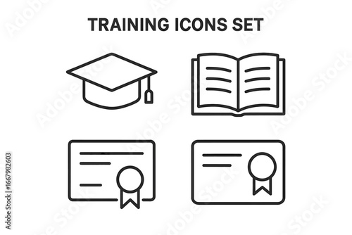 Education and training line icons. Graduation cap, open book, diploma, certificate vector icon set. Concept for learning, knowledge, university, online course, achievement.
