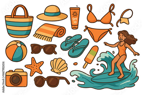 Summer beach essentials and fun activities for sunny ocean days, beachwear, sun protection, surfing woman cartoon vector illustration set with transparent background