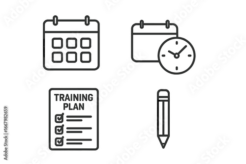 Training plan icon set. Vector outline symbols for workout schedule, calendar grid, checklist, and pencil. Fitness planning, time management, and goal setting graphic elements.