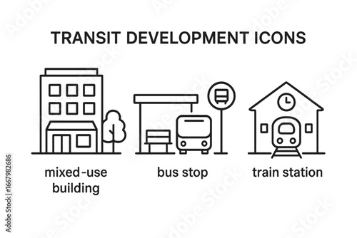 Transit oriented development icon set. Urban planning line icons for mixed-use building, bus stop, train station. City infrastructure, public transport and smart growth concept.