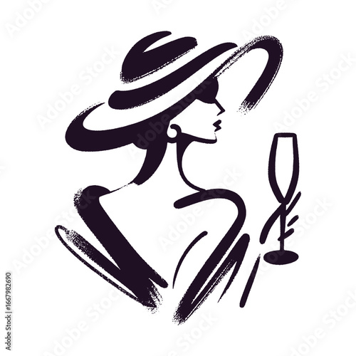 Elegant woman with hat and champagne brush stroke vector illustration