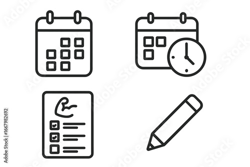 Training plan icon set. Workout schedule and fitness program concept. Calendar, checklist, gym progress tracker, and pencil icons. Time management for exercise routine.