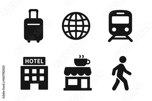 Travel and tourism glyph icon set. Vector symbols for vacation and journey. Solid silhouette icons of luggage, globe, train, hotel, coffee shop, and walking person pictogram.
