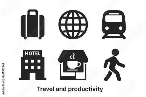 Travel and productivity solid icon set. Vector glyph symbols for business trip, tourism, and daily routine. Luggage, globe, train, hotel, coffee shop, and walking person.
