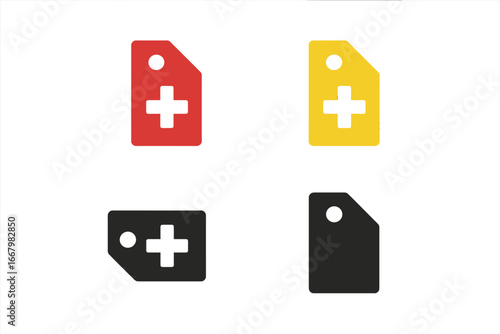 Triage tags icon set for emergency medical patient sorting. Vector symbols for priority categories: immediate red, delayed yellow, and deceased black for disaster response.