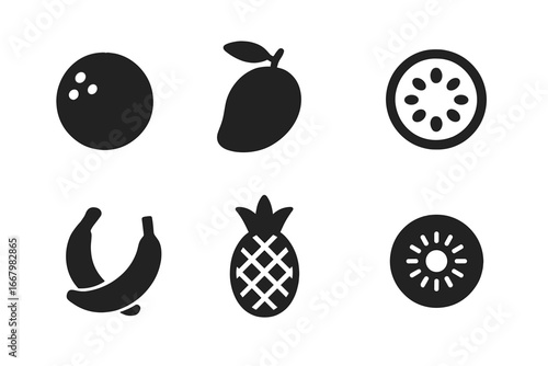 Tropical fruit solid glyph icon set. Simple black silhouette pictograms of exotic food ingredients. Coconut, mango, passion fruit, banana, pineapple, kiwi vector graphics.