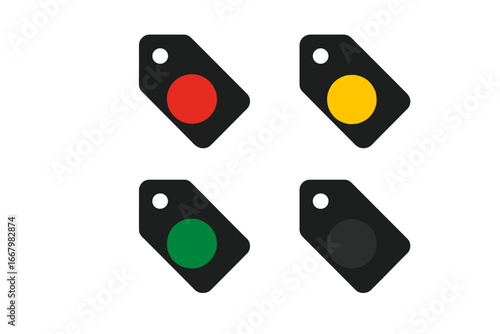Triage tags icon set. Emergency medical sorting system for patient priority. Vector illustration of red, yellow, green, and black category tags for disaster response and first aid.