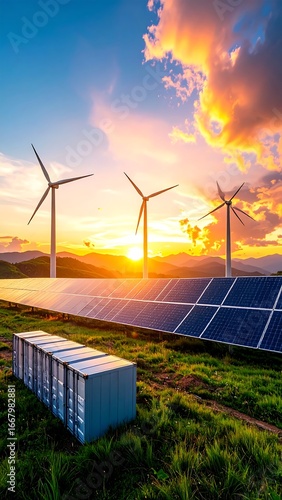 Wind turbines and solar panels at sunset (1)