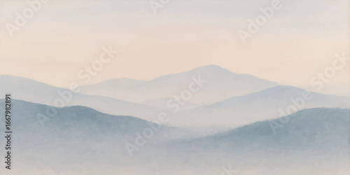 Ethereal clouds drift over rugged mountains shrouded in a mystical fog