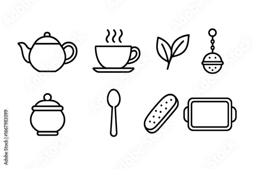 Tea Time Icons Outline Set Including Teapot, Teacup with Steam, Tea Leaves, Infuser, Sugar Bowl, Teaspoon, Biscotti, and Tray Vector Illustration for Tea Rituals and Beverage Design