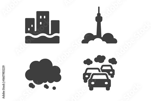 Urban haze icons solid filled vector set including cityscape blur, distant tower silhouette, smog cloud pollution, traffic jam cars with exhaust smoke, environmental air quality symbols