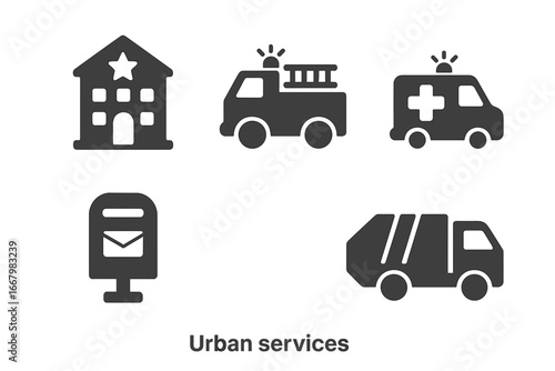 Urban Services Icons Set with Police Station, Fire Truck, Ambulance, Mailbox, Garbage Truck, Solid Filled Vector Illustration for City Infrastructure and Emergency Response