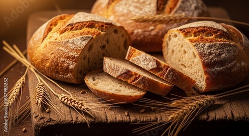 Golden-brown rustic bread, partially sliced on a wooden board, accompanied by wheat ears, creating a cozy, authentic setting.
