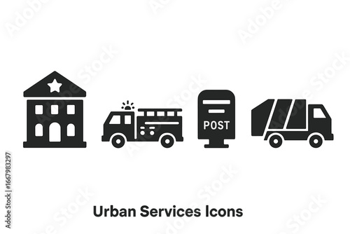 Urban Services Icon Set with Police Station, Fire Truck, Ambulance, Post Box, and Garbage Truck Solid Vector Illustrations for City Infrastructure and Public Safety