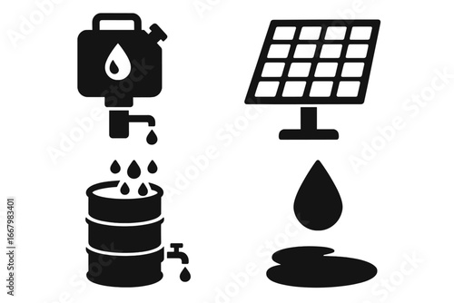 Urban Survival Gear Icons Solid Filled Vector Set Featuring Rooftop Survivalist Equipment Including Water Purifier, Solar Panel, Rainwater Collection, Emergency Prep Essentials