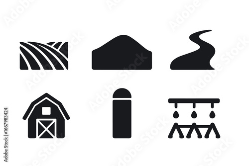 Solid filled vector icon set of terrain and environment elements including farmland fields, hill, winding dirt road, barn, silo, and irrigation system, cartoon style illustration